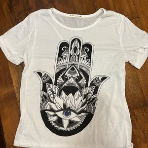 White graphic tee, with hand and eye floral design